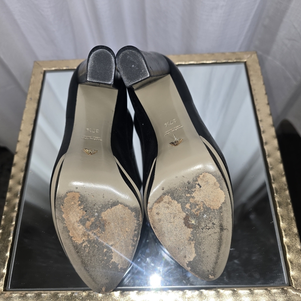 Emporio Armani Black Leather Pumps Block Heels - Picture 3 of 15